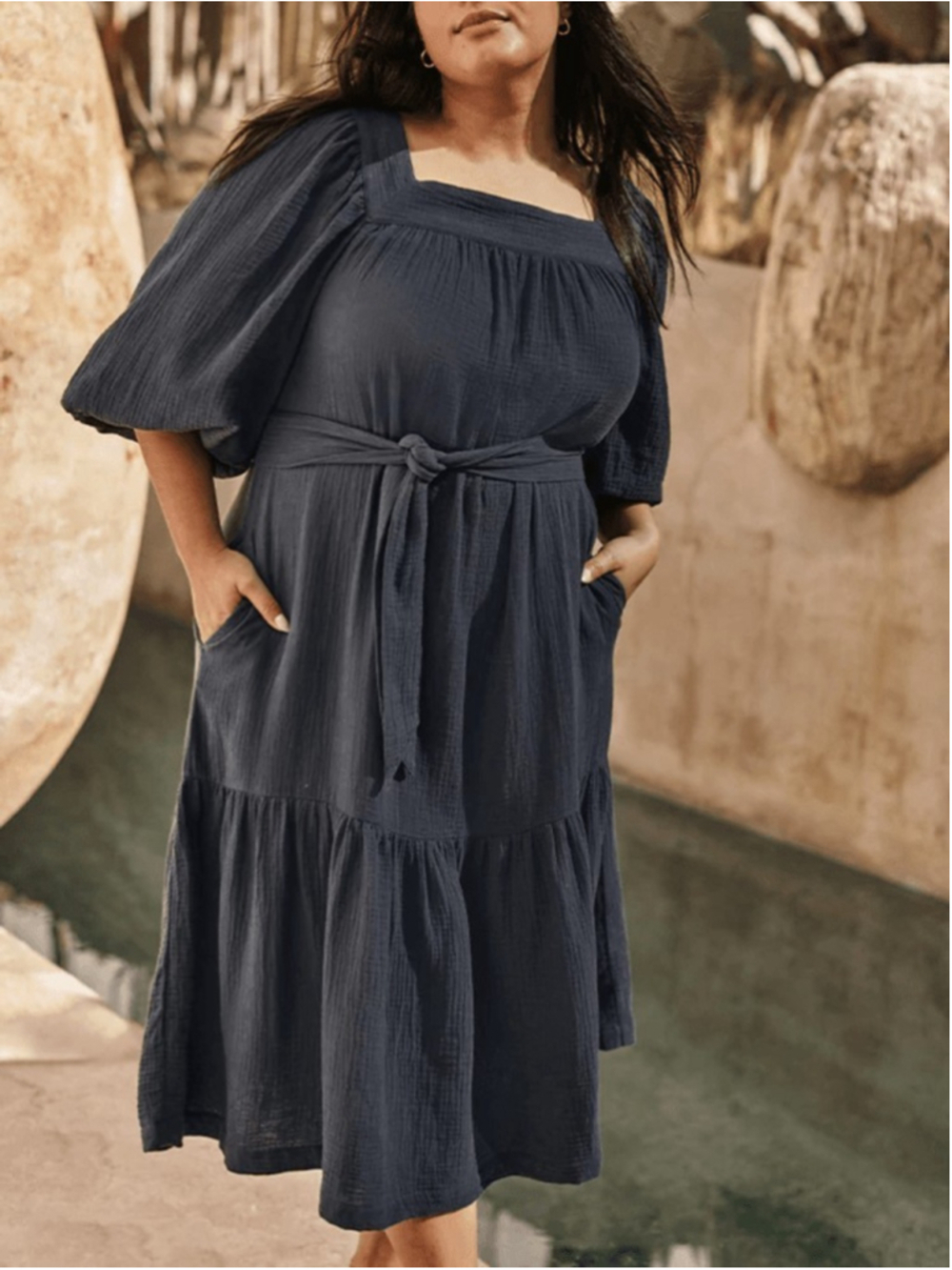 Summersalt Going Places Gauze Midi Dress Sz M Navy Beachy Nautical Cottagecore